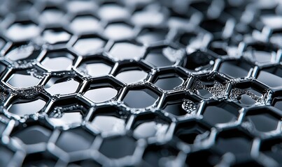 Obraz premium Extreme close-up reveals a shiny, metallic honeycomb pattern with dark liquid within each hexagonal cell.
