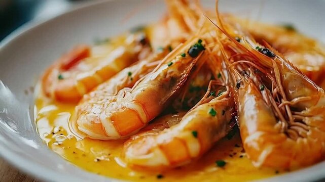 Garlic shrimp served on a plate with sauce and garnish, delicious seafood dish