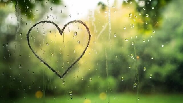 Heart drawn on a foggy window with a blurred green background, romantic and nostalgic vibe