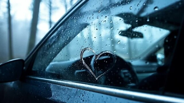 Raindrops streaming down car window forming heart shape with blurred forest backdrop