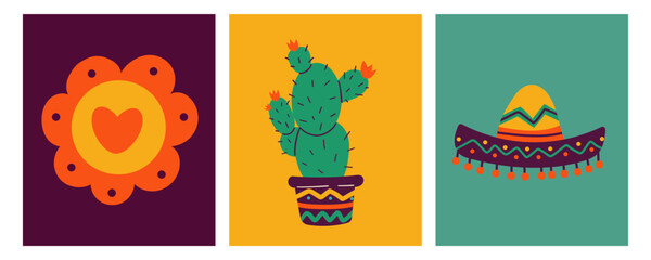 Fototapeta premium Cinco de mayo vector set. Mexican skull, sombrero, , Mexican hat, cactus . Cozy flat doodle hand drawn holiday element . Mexican Pattern design .