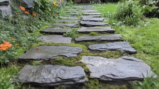 Stone pathway leading through lush garden with green grass and colorful flowers