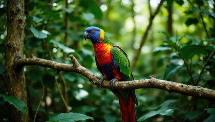 Obraz premium The colorful macaw perches elegantly on a lush green branch, its iridescent feathers glistening in the sunlight
