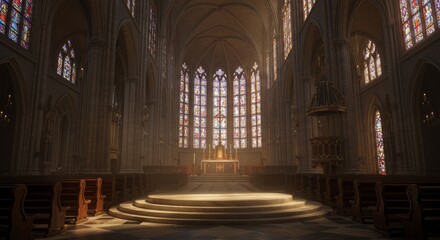 Obraz premium Majestic Cathedral Interior Displaying Architectural Grandeur and Stained Glass Radiance