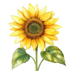 Naklejka premium Delightful watercolor depiction of a cute sunflower head showcasing soft colors against a pristine white background evoking feelings of spring and joy ideal for childrens book aesthetics