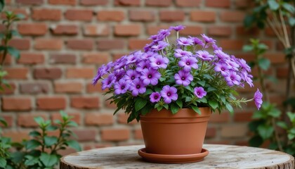 A vibrant violet flower pot sits on a rustic wooden table against a backdrop of textured brick wall in a serene garden setting.