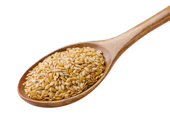 Flax seeds in a wooden spoon on a white background. Isolated