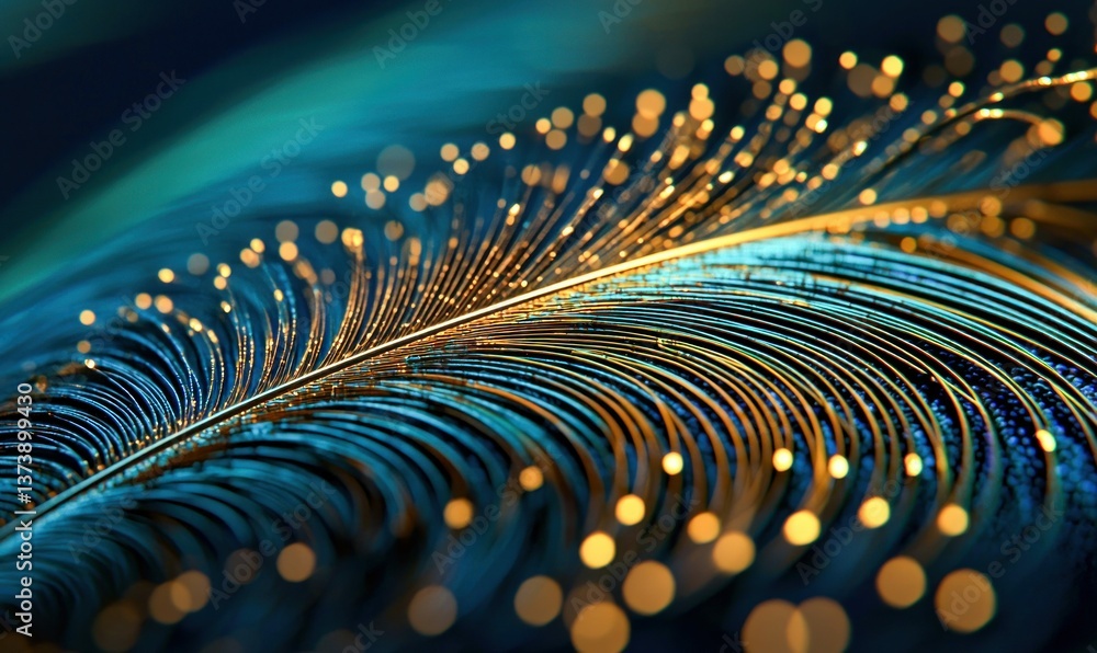 Aufkleber an abstract feather artfully displays a mix of vibrant teal and shimmering gold with a soft bokeh ef