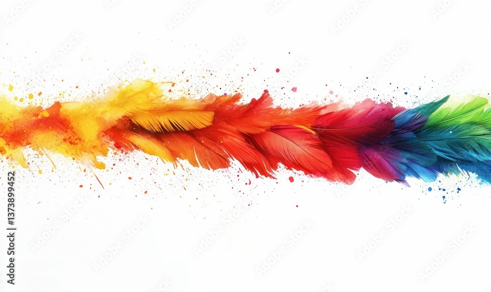 Poster vibrant rainbow feathers cascade in a visually striking arrangement, creating an artistic design ele