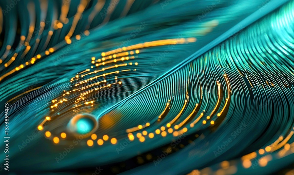 Poster an abstract close-up of a teal and golden feather showcases its delicate texture with light and shad