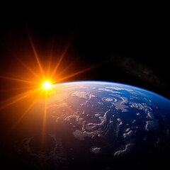 an image of a view of the earth from space with the sun rising, there is a view of the earth from space with the sun rising