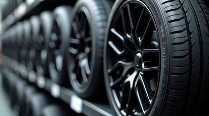 Fototapeta premium New car tires on storage rack. Auto service shop retail storehouse. Vehicle maintenance concept. Black rubber tyre tread pattern close-up