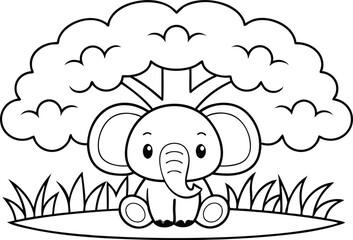 Outline Cartoon Elephant Sitting Under Tree Line Art Transparent Background