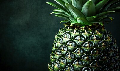 A close-up showcases the vibrant texture and green crown of a fresh, tropical pineapple.