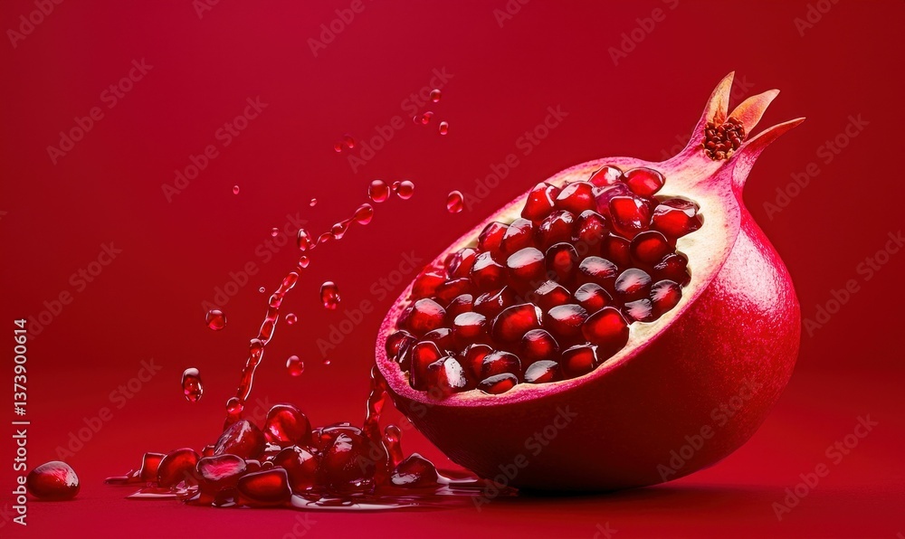 Poster halved pomegranate displaying ruby-red seeds with juice droplets cascading down on a matching red ba