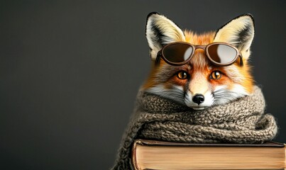 A cool fox wearing sunglasses and a scarf sits on top of books, creating a charming scene.