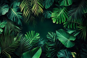 Tropical Jungle Background, Lush Green Foliage Texture With Anthurium, Ferns, And Exotic Plants