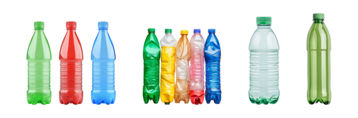 Assorted reusable plastic water bottles collection for sports fitness and outdoor activities, set of 9 bottles transparent background