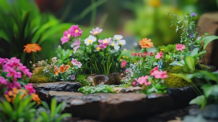 Miniature garden stream, flowers, lush foliage, tranquility, nature scene