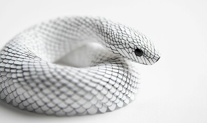 Fototapeta premium Graceful white rat snake coiled elegantly on a bright, clean, white background, showcasing its intricate scale pattern.