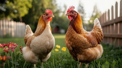 Fototapeta premium farmyard chickens, chickens roam freely in a sunlit backyard, fenced by vibrant flowers and wood