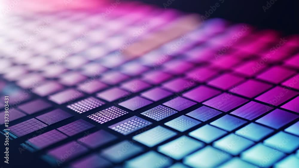 Poster vibrant abstract vdo of colorful illuminated keyboard with gradient pink and blue hues creating futu