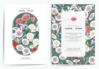  A Colorful Field of Blooming Dianthus Flowers. Vector illustration of template set in Minhwa, Korean Folk Painting Style 