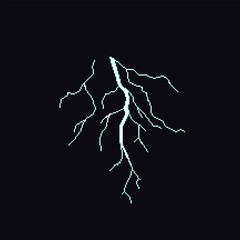 Pixel lightning effect. 8-bit style electric discharge, pixelated electricity vector, retro pixel art design element isolated on black background.