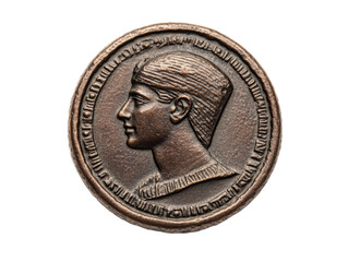 Ancient bronze coin featuring a profile of a historical figure on a transparent background, cut out