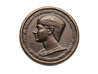 Ancient bronze coin featuring a profile of a historical figure on a transparent background, cut out