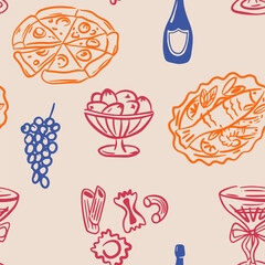 Whimsical hand-drawn italian aesthetic seamless pattern illustration in trendy vintage style. Perfect for quirky wedding holiday, dinner and bar menu, bachelorette party, birthday invitation, sign