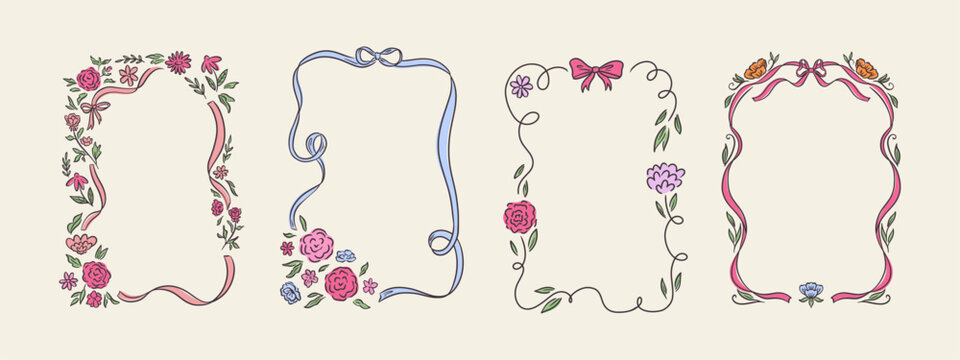 Set of spring whimsical hand-drawn pink blue orange green color frames with flowers and bows in trendy, vintage styles. Perfect for quirky holiday, wedding, birthday gift decorations.