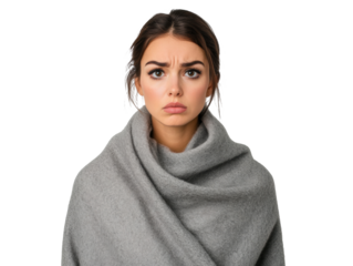 Young woman with concerned expression wrapped in grey scarf on a transparent background, cut out