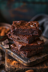 Close-up of stacked brownies on wooden board