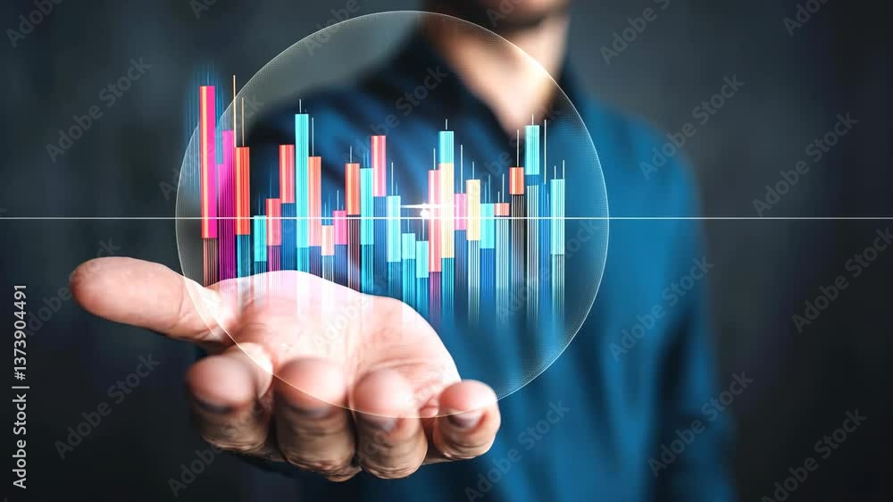 Poster exploring modern business analytics holographic financial charts and data visualization in market tr