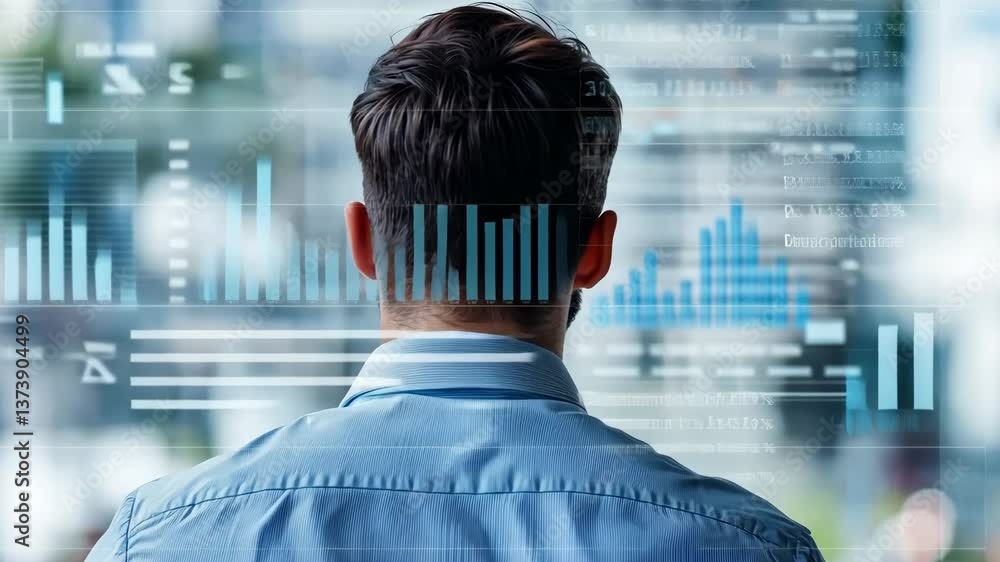 Poster man in blue shirt analyzing digital financial graphs and charts focus on data analysis, business str