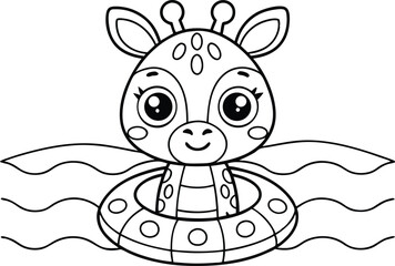 Outline Giraffe Swimming in Water with Inflatable Ring on Transparent Background