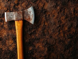 A close-up of a rusty axe resting on a textured, dark surface, highlighting its wooden handle and aged metal blade.