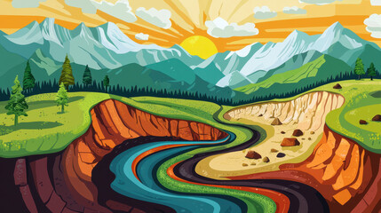 vibrant landscape illustration showcasing river flowing through valley, surrounded by mountains and trees, highlighting