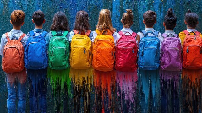 A diverse group of students, each with their own brightly colored backpack, gather together in front of the school, ready to embark on the new school year with enthusiasm and energy. 