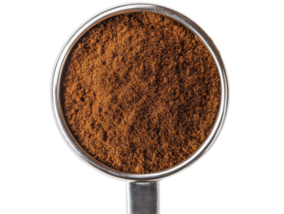Ground coffee powder for brewing aromatic beverages and desserts on a transparent background, cut out