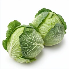 Fototapeta premium Two green cabbages with leaves on white background