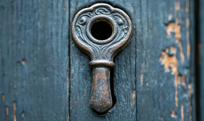 Detailed view of an antique keyhole with intricate metalwork on a blue wooden door.