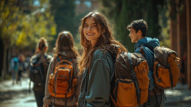 A group of friends with backpacks slung over their shoulders, laughing and chatting as they walk towards school, full of anticipation for the first day of the school year. 