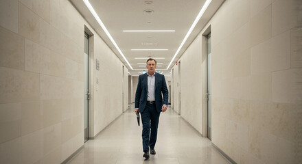 Fototapeta premium Businessman walking confidently in modern hallway