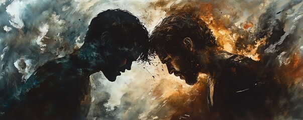Cain and Abel in a moment of jealousy, watercolor art, intense expressions, dark and muted tones symbolizing conflict, dramatic Biblical scene, emotional weight of consequences