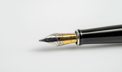 A close-up shot of a black and gold fountain pen shows precision and elegance on white background.