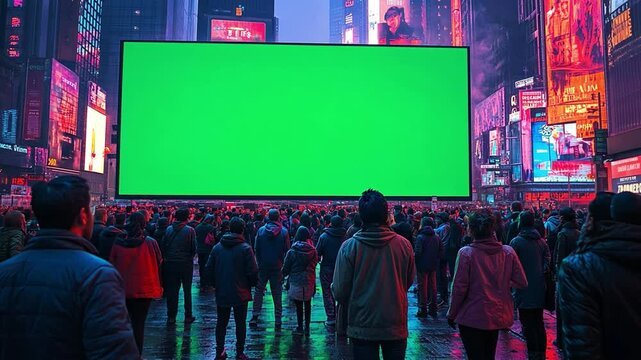 Big Screen Buzz: A multitude of onlookers gather in a vibrant cityscape, their gaze fixed upon a colossal green screen.