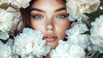 Obraz premium Close-Up of a Young Woman Surrounded by White Peonies and Greenery