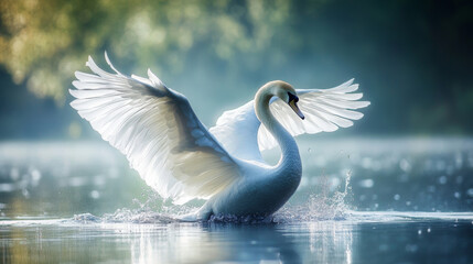 A majestic swan spreads its wings on a tranquil lake, capturing a moment of natural grace.